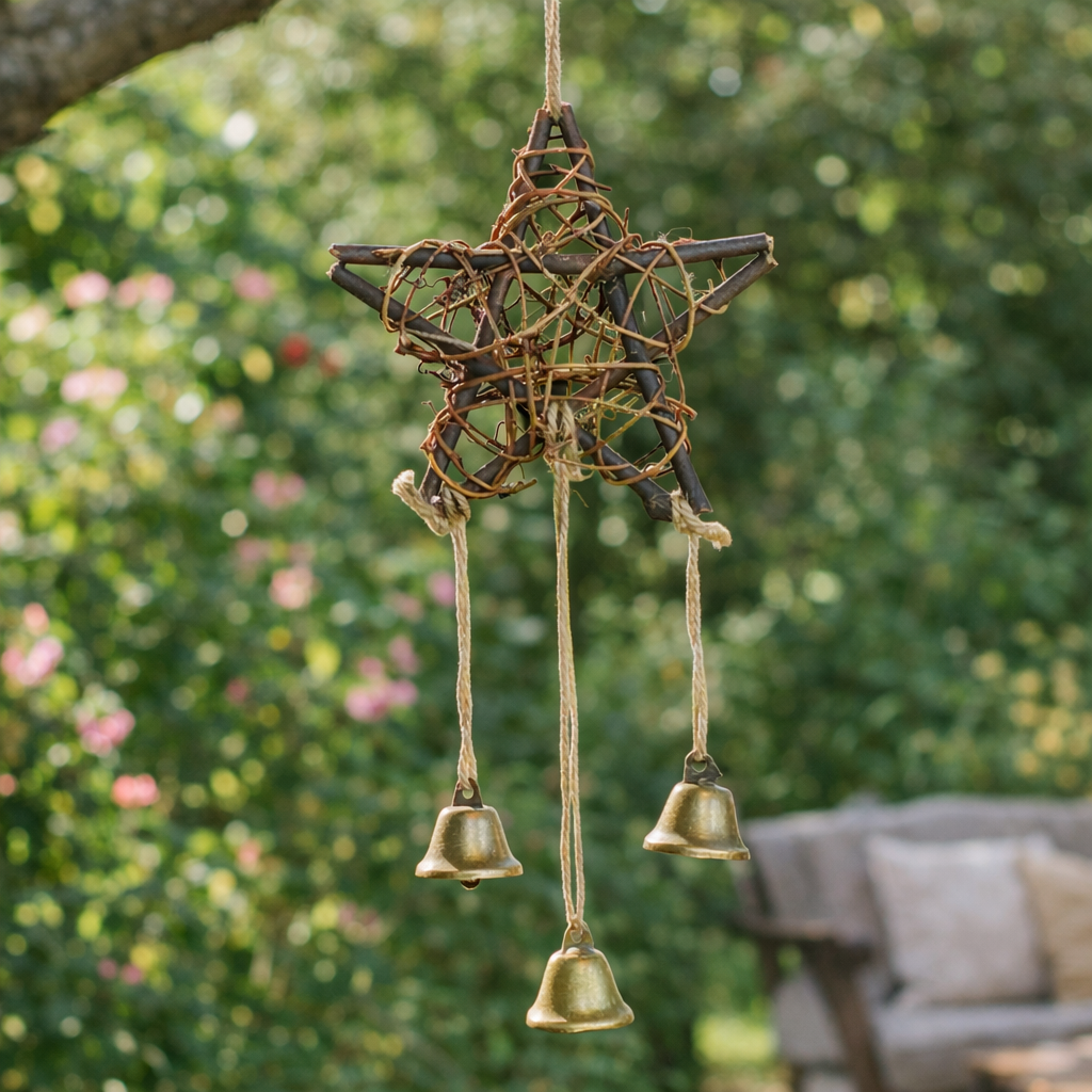 Star shaped wooden rattan witch bell hanging ornament