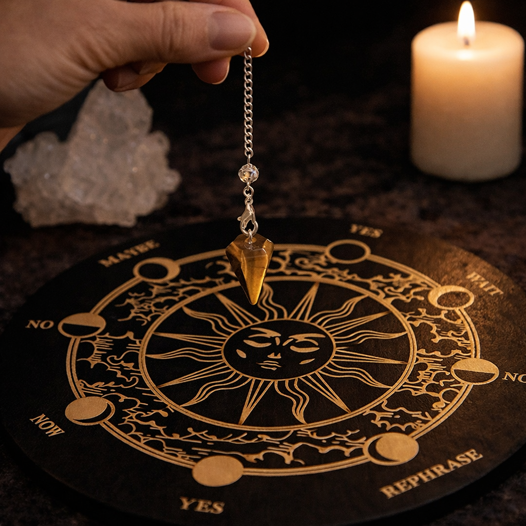 Engraved Wooden Pendulum Dowsing Board – Witchcraft & Divination Tool