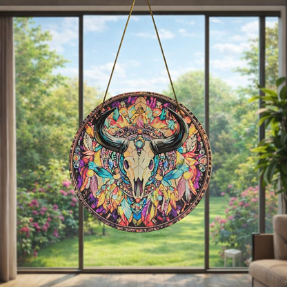 Bohemian Bull Skull Stained Glass Style Suncatcher – Mandala Window Hanging
