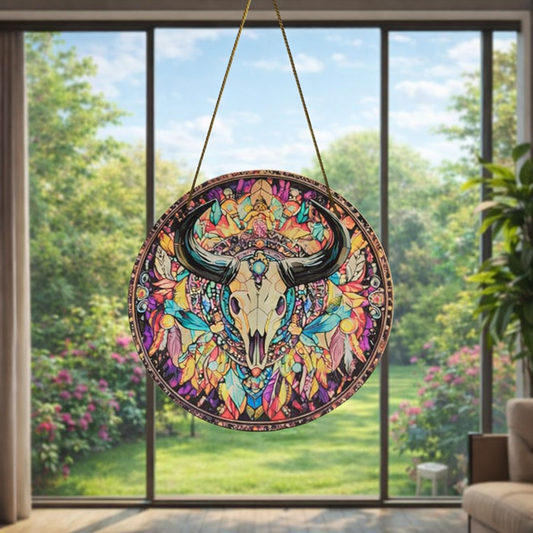 Bohemian Bull Skull Stained Glass Style Suncatcher – Mandala Window Hanging