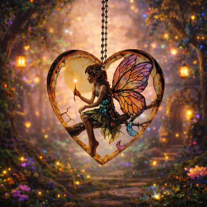 Elf Fairy With Butterfly Wings Stained Glass Effect Heart Shaped Mini Suncatcher Window Hanging Décor