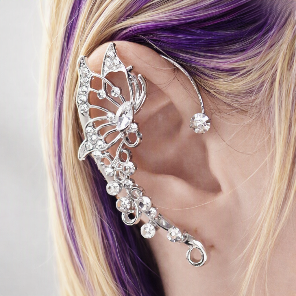 Butterfly crystal earring cuff clip on earrings