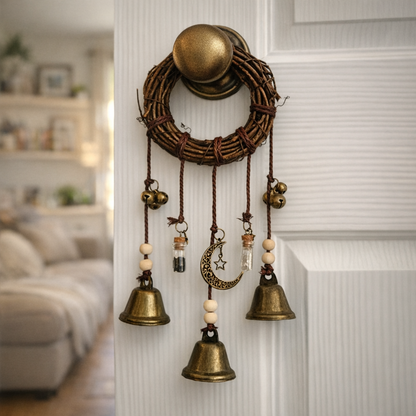 Round rattan witch bells hanging ornament with charms and gem potion bottles