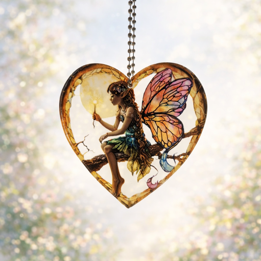 Elf Fairy With Butterfly Wings Stained Glass Effect Heart Shaped Mini Suncatcher Window Hanging Décor