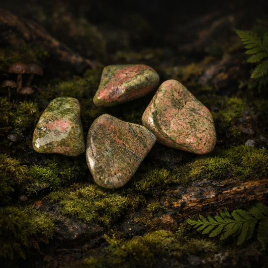 Unakite Tumble Green and pink stones on a mossy surface with dark background