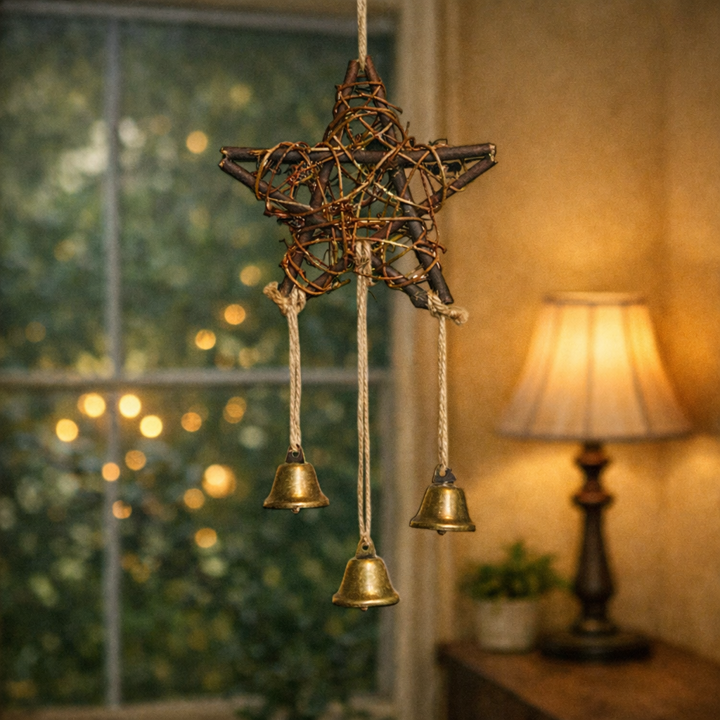 Star shaped wooden rattan witch bell hanging ornament