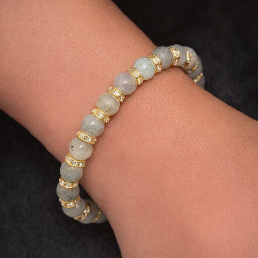 Labradorite Gemstone Beaded Bracelet With Gold Rhinestone Charms