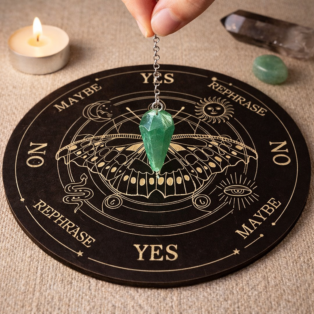 Engraved Wooden Pendulum Dowsing Board – Witchcraft & Divination Tool