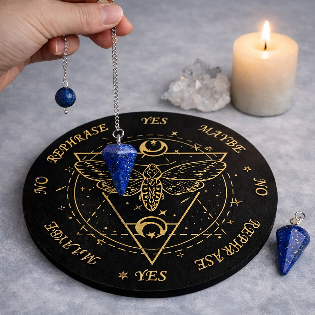 Engraved Wooden Pendulum Dowsing Board – Witchcraft & Divination Tool