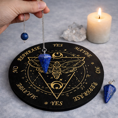 Engraved Wooden Pendulum Dowsing Board – Witchcraft & Divination Tool