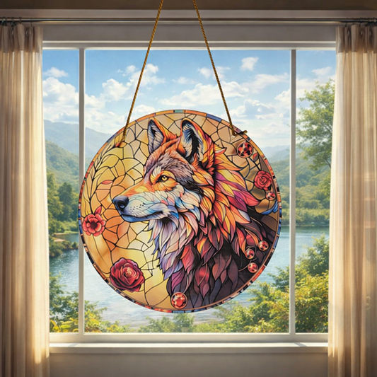 Mystic Wolf Stained Glass Effect Hanging Sun Catcher Plaque