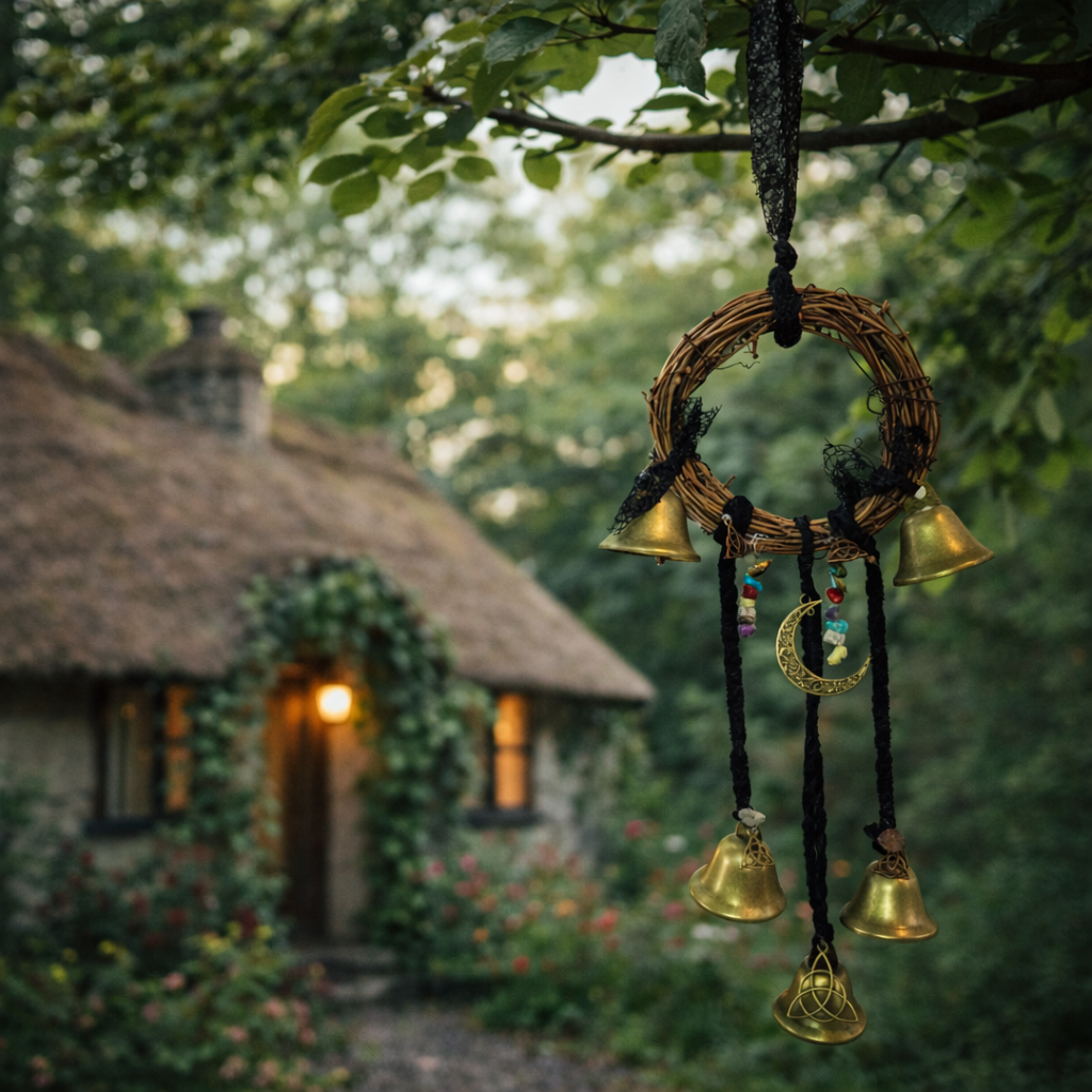 Round rattan witch bells hanging ornament with gemstones and charms