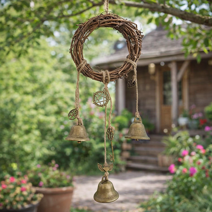 Round rattan witch bells hanging ornament with charms