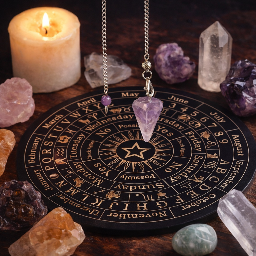Engraved Wooden Pendulum Dowsing Board – Witchcraft & Divination Tool