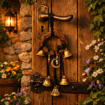 Round rattan witch bells hanging ornament with gemstones and charms