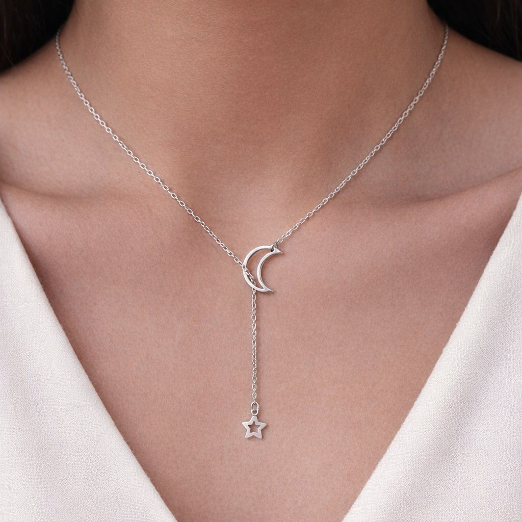 Celestial Drop Necklace – Silver Crescent Moon and Star Charm
