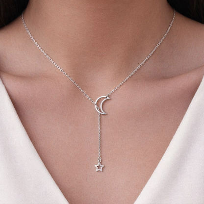 Celestial Drop Necklace – Silver Crescent Moon and Star Charm