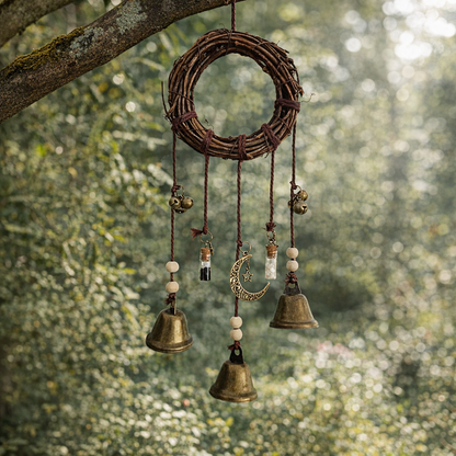 Round rattan witch bells hanging ornament with charms and gem potion bottles