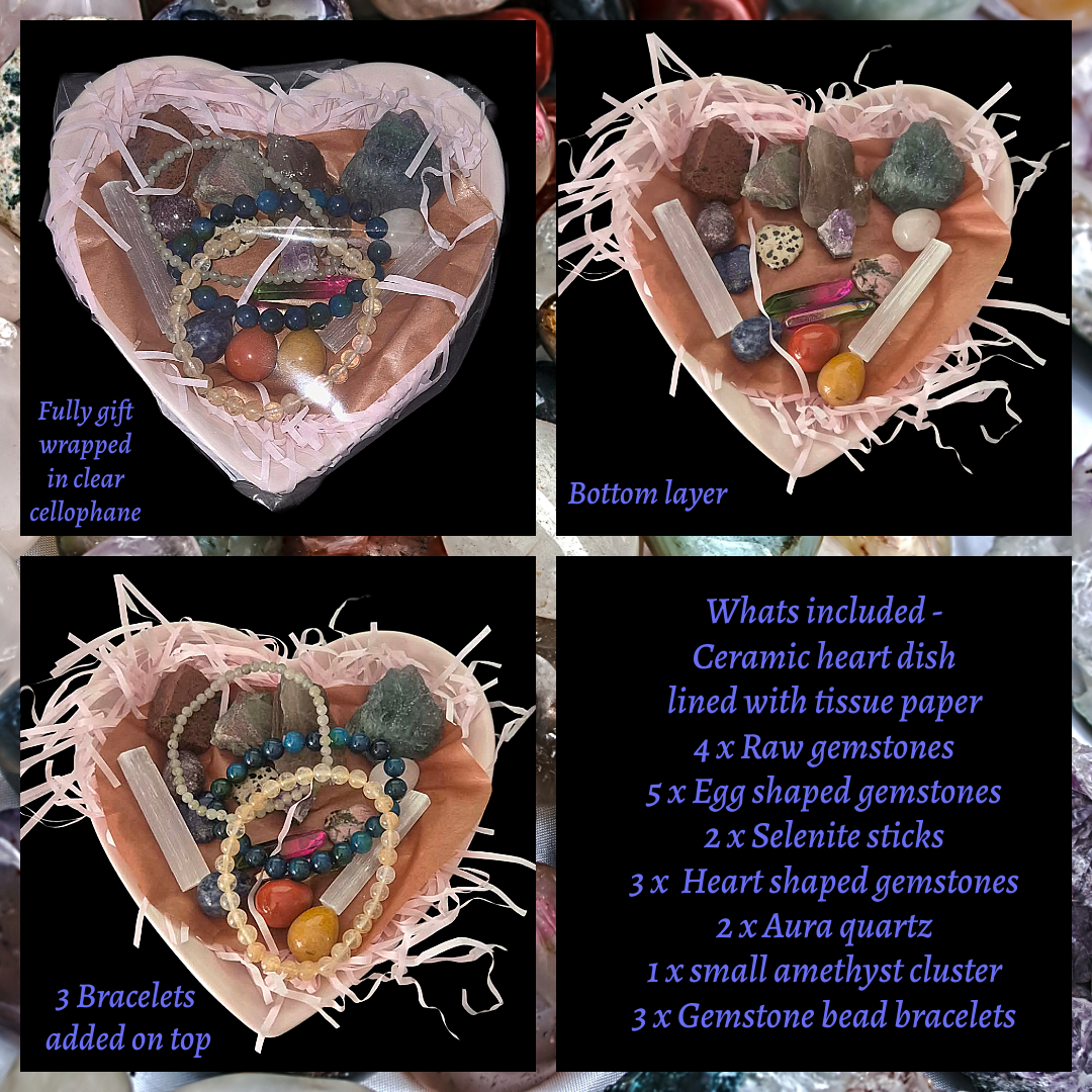 Heart‑shaped crystal bowl filled with gemstones and bracelets