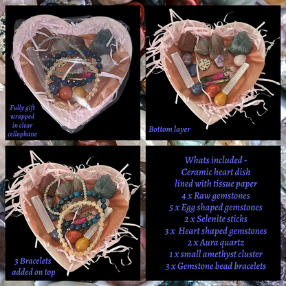 Heart‑shaped crystal bowl filled with gemstones and bracelets