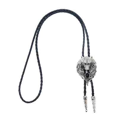 Wolf head Necktie with natural agate on a leather collar rope