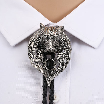 Wolf head Necktie with natural agate on a leather collar rope