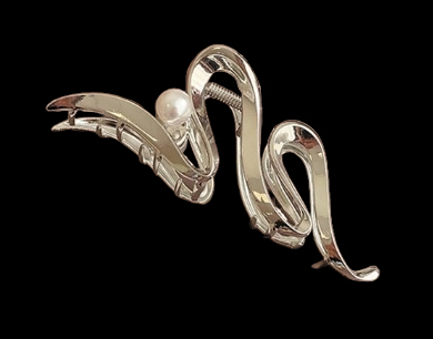 Squiggly metal and pearl bead hair clip claw