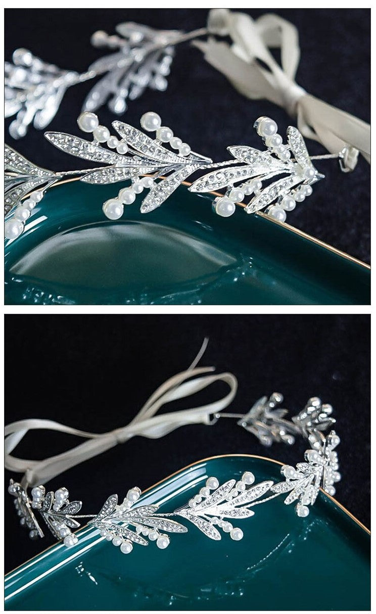 Crystal and pearl leaf bridal prom elegant headpiece