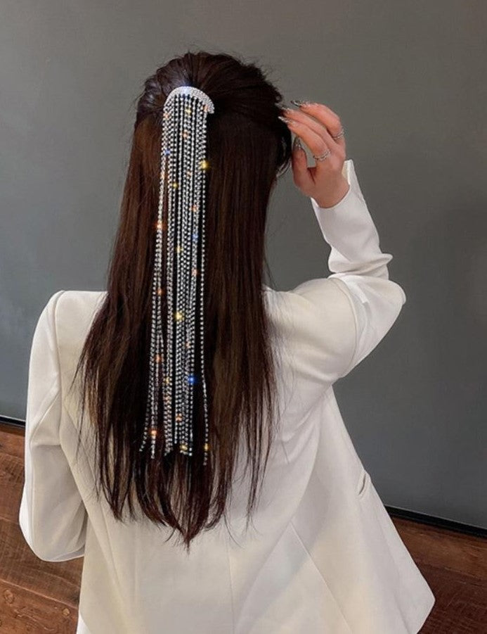 Crystal long tassel hair barrette clip hair accessory