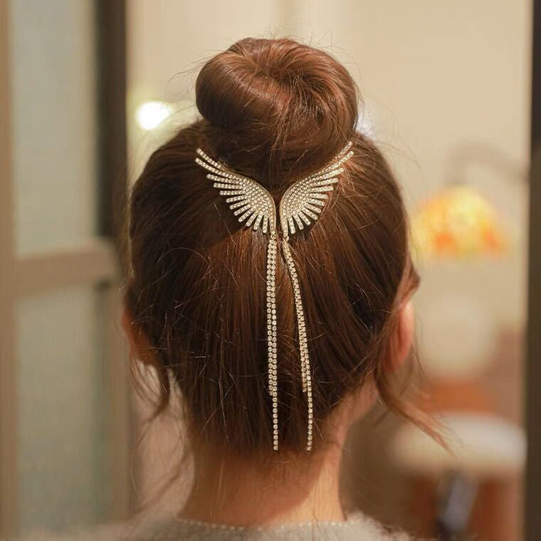 Angel wings hair bun clip claw with crystal rhinestones and pearl beads