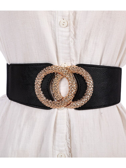 Black/Gold Elastic Waistband Metal Double Circle Belt