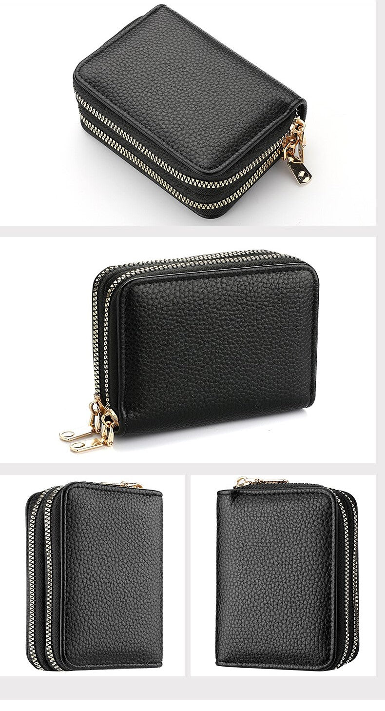 Black PU leather patterned double zip purse