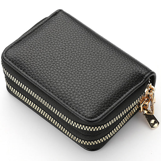 Black PU leather patterned double zip purse