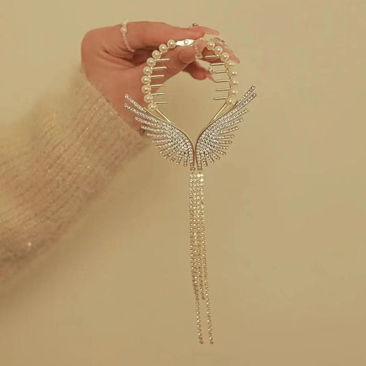 Angel wings hair bun clip claw with crystal rhinestones and pearl beads