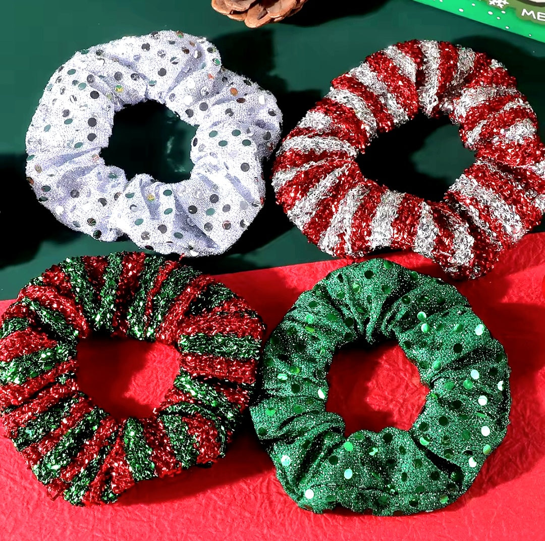 Christmas sparkly hair scrunchie bobbles red,green,silver set of 4