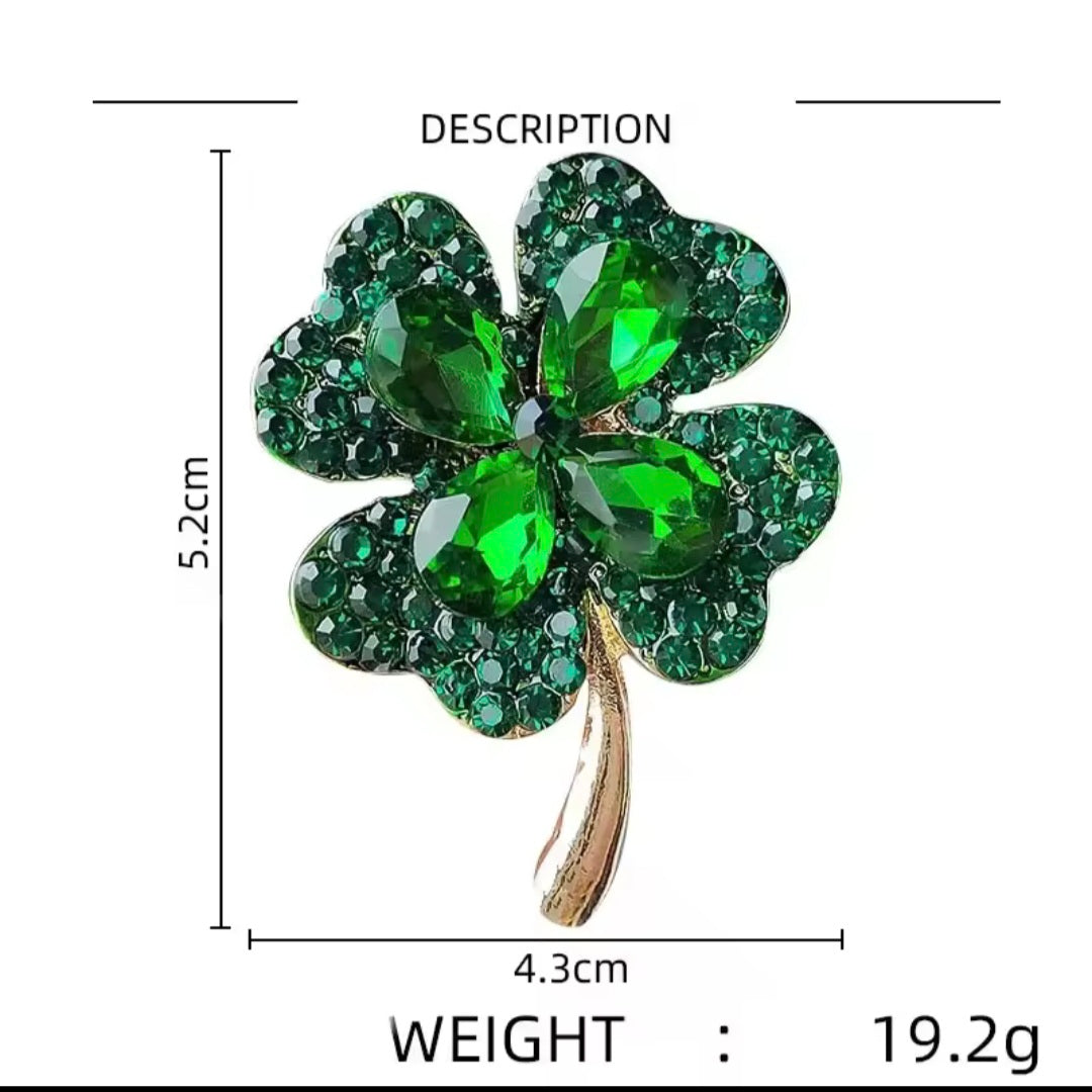 Emerald Green Shamrock Four leaf clover pin brooch and earrings set large St Patrick's Day