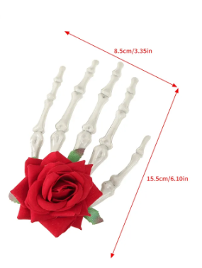 Large skeleton hand with rose hair clip