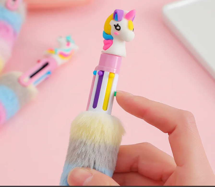 Pack of 2 fluffy rainbow unicorn 6 colour writing pens