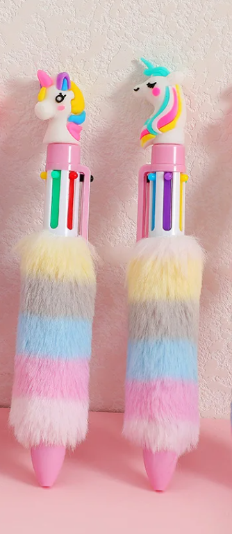 Pack of 2 fluffy rainbow unicorn 6 colour writing pens