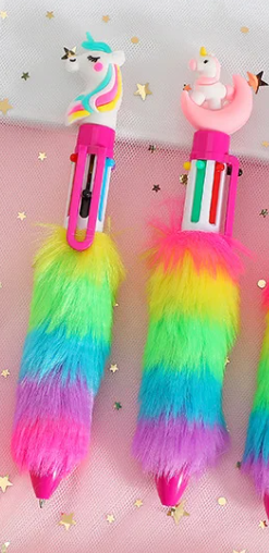 Pack of 2 fluffy rainbow unicorn 6 colour writing pens