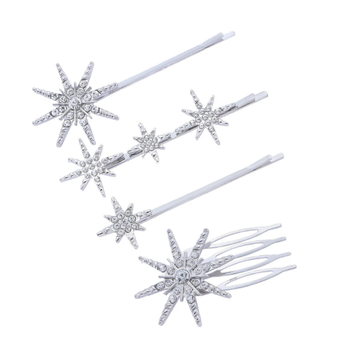 Celestial Star rhinestone silver gold bridal party hair updo clip slide four piece set