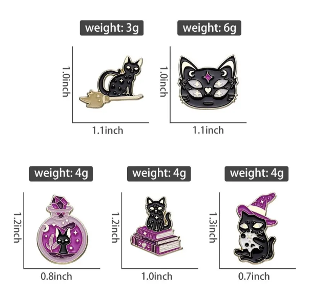 Black cat witches pet and spells pin badges