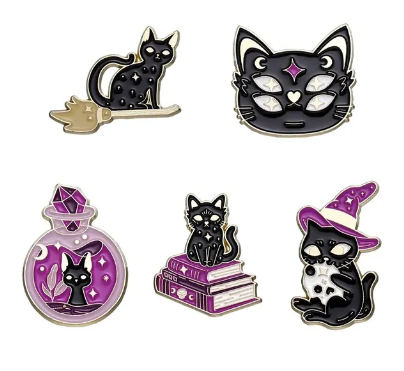 Black cat witches pet and spells pin badges