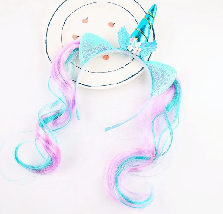 Unicorn themed girls headband with unicorn horn, ears and faux colourful pink blue hair extensions