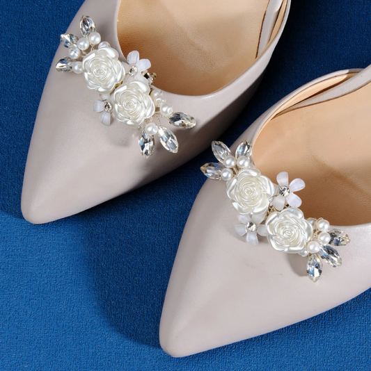 Wedding bridal faux pearl and rhinestone rose and daisy shoe clip pair