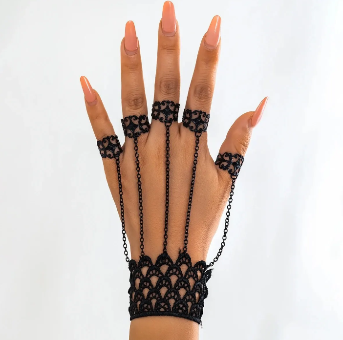 Vintage Style Black Lace Finger Wrist Chain Rings Bracelets