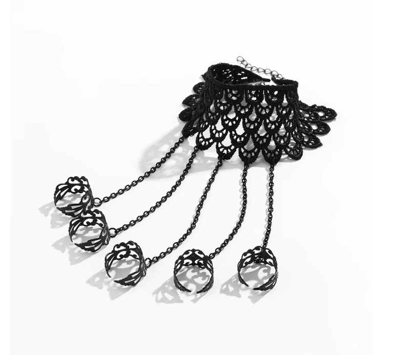 Vintage Style Black Lace Finger Wrist Chain Rings Bracelets