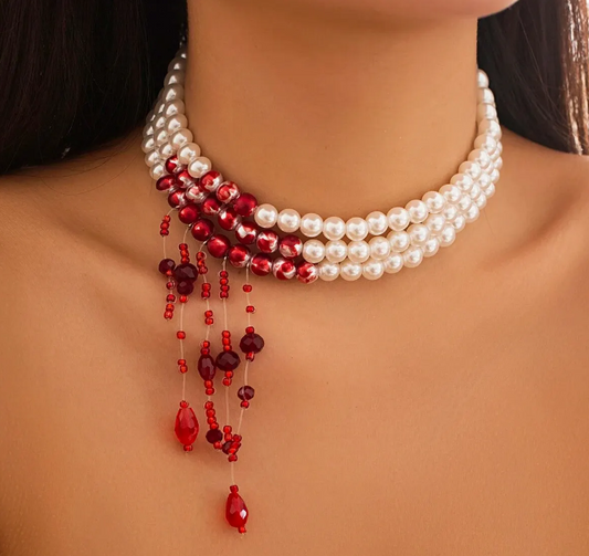 Triple Layered Faux Pear Bead Red Blood Pattern Imitation Choker Necklace