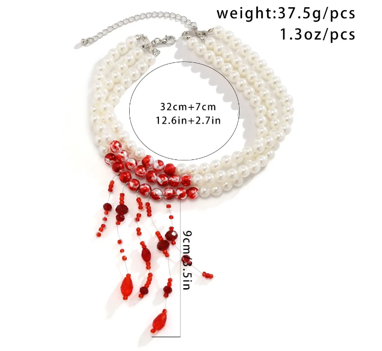 Triple Layered Faux Pear Bead Red Blood Pattern Imitation Choker Necklace