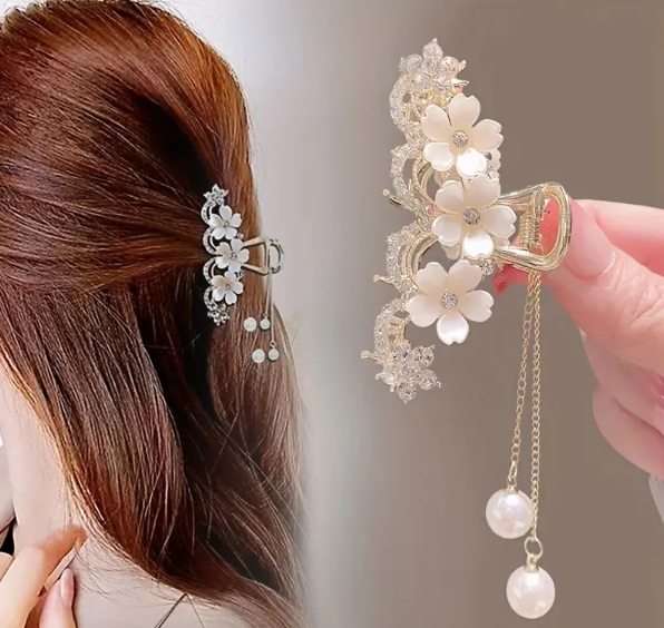 Mini floral rhinestone dangle hair claw clip